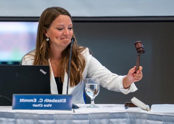 Elizabeth Emmitt taps a ceremonial gavel after being elected chair of Grand Valley's Board of Trustees.